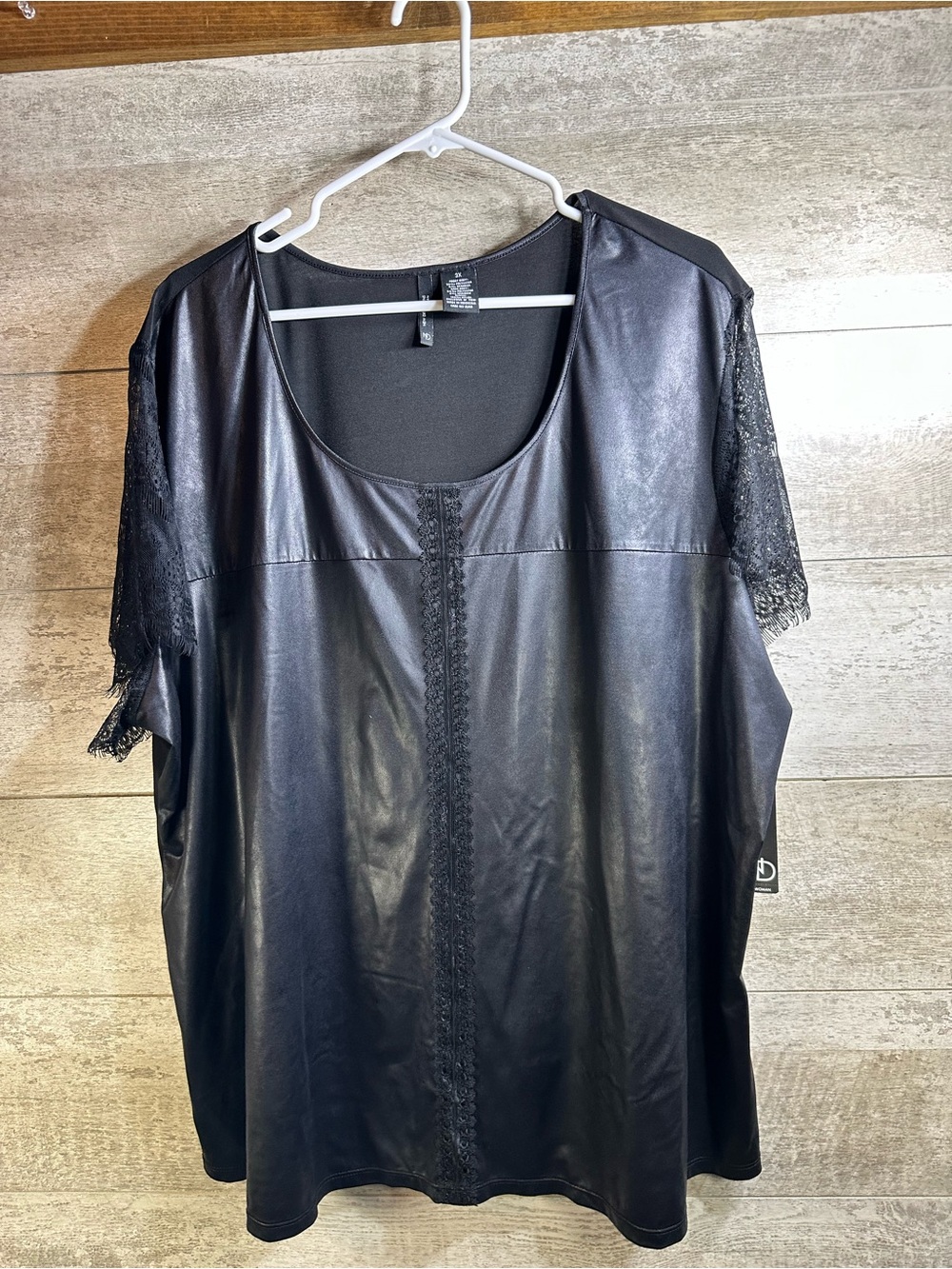 New Directions Faux Leather & Lace Blouse Black Plus Size 3X